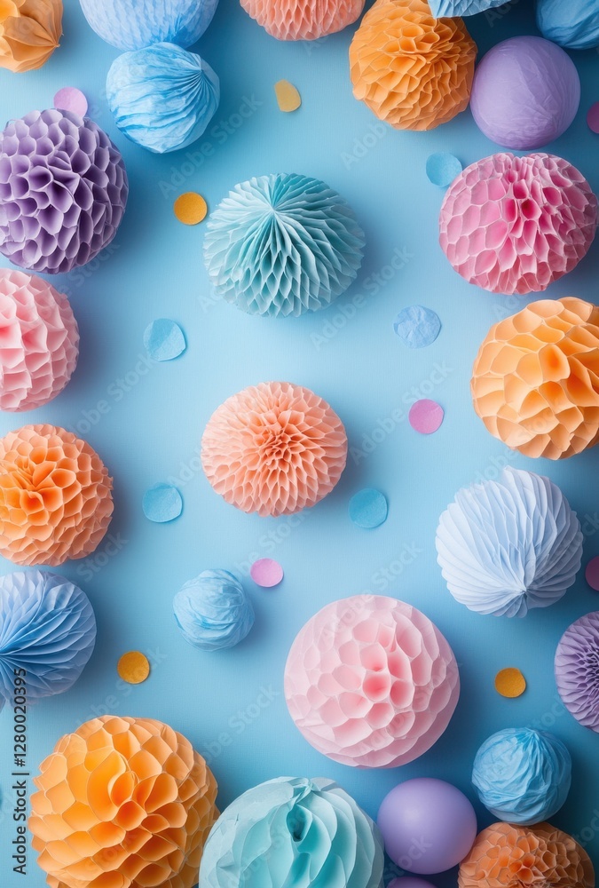 Colorful paper honeycomb balls in various shapes scattered on a light blue background with confetti decorations for festive celebrations Colorful paper honeycomb balls in various shapes scattered on a light blue background with confetti decorations for festive celebrations