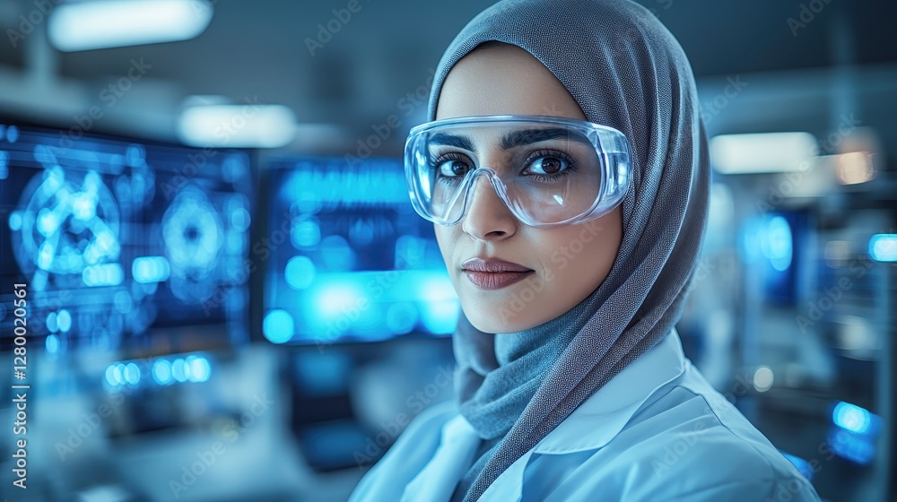 Confident Muslim Female Scientist in Modern Laboratory with High-Tech Screens Confident Muslim Female Scientist in Modern Laboratory with High-Tech Screens