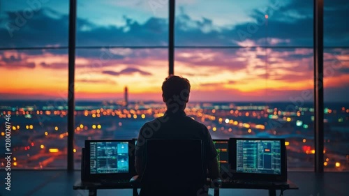 Observer at sunset in a high-tech control room