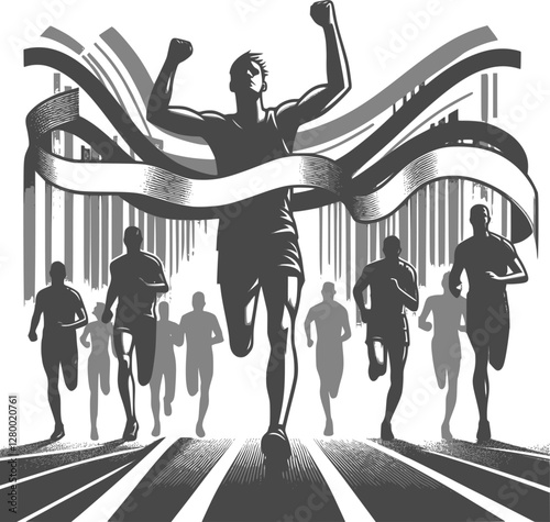 Group of marathon runners on abstract swirl backgr. Vector illustration of a group of marathon runners competing in a street race on abstract swirl background. EPS 10 version.