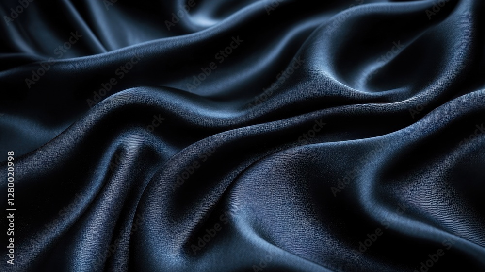 Fototapeta premium Dark blue satin fabric with elegant drapes and folds. Perfect for luxury, fashion, and texture-based designs.
