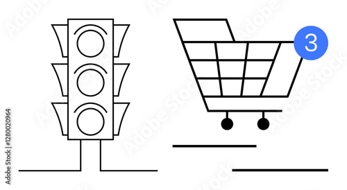 Shopping cart with notification number 3 next to traffic light with circles indicating decision-making stages. Ideal for e-commerce, online shopping, retail, notifications, alerts, decision making