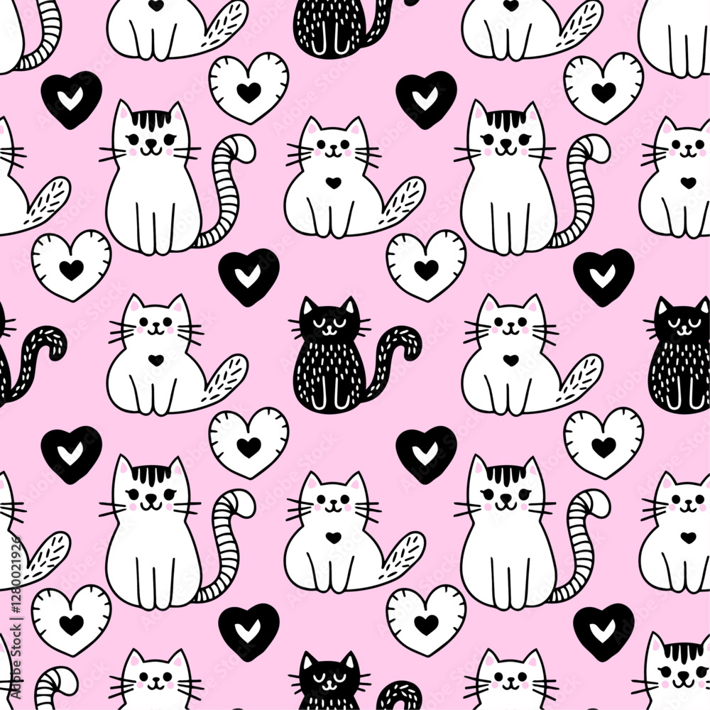 custom made wallpaper toronto digitalHand drawn black and white cats and hearts. Seamless vector pattern for fabric, background