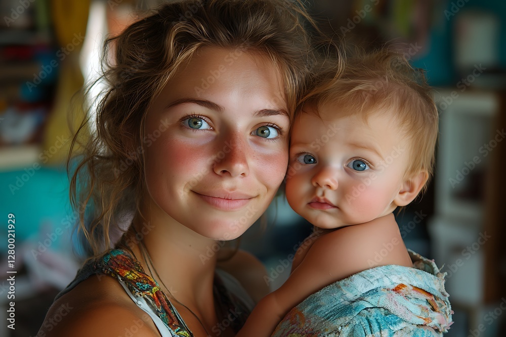 Mother and Baby, Smiling, Home, Soft Focus Background Mother and Baby, Smiling, Home, Soft Focus Background
