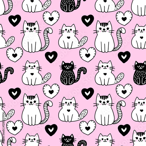 Wallpaper Mural Hand drawn black and white cats and hearts. Seamless vector pattern for fabric, background Torontodigital.ca