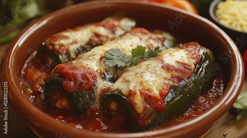 Spicy chiles rellenos covered in tomato sauce and melted cheese.