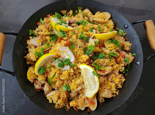 Homemade Spanish meal. Paella wiith Asian Clams and Ham Cubes. Chicken bone broth, gammon and lala aka Asian clams