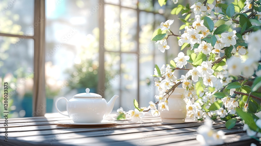 Sunny courtyard caf with a delicate white teapot and jasmine flowers.
