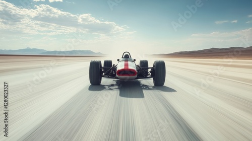 Drag racing car speeding down a long straight track. Featuring speed and power
