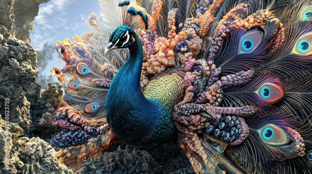 Obraz premium Majestic Peacock in a Surreal Landscape