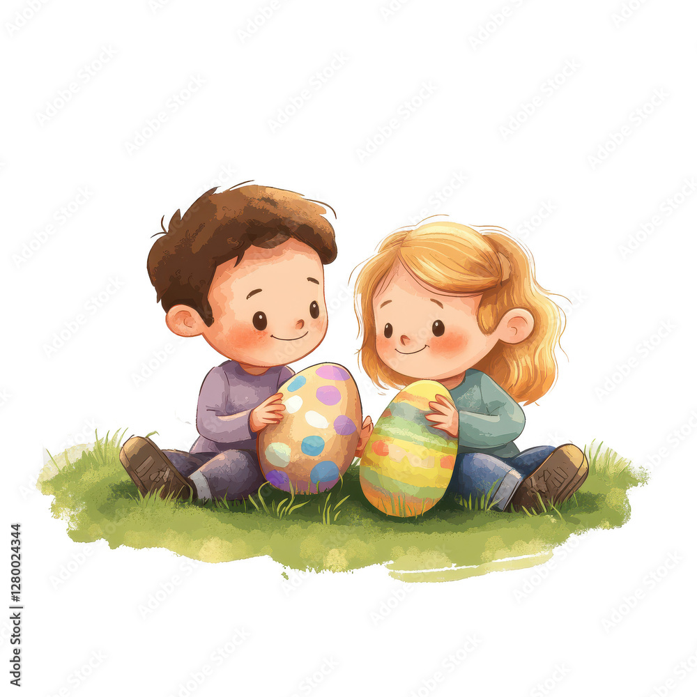 Fototapeta premium Religious Easter Clipart: Simplistic Cartoon Illustration of Kids Sitting on Grass with Easter Eggs