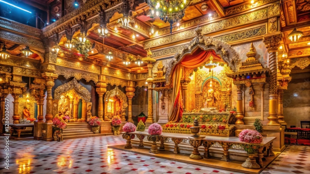 Obraz premium Ornate Interior of a Traditional Hindu Temple with Flower Decorations