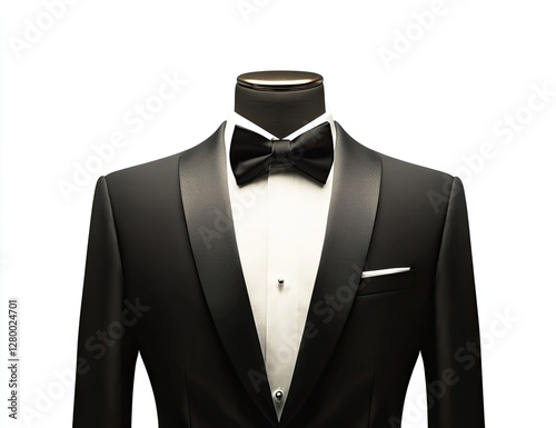 Black tuxedo on mannequin, studio shot, formal wear photo