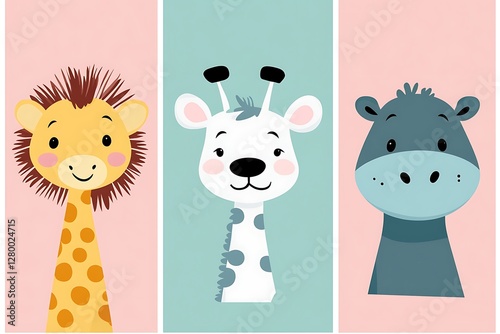 Cute animal portraits, giraffe, lion, hippo, children's room decor