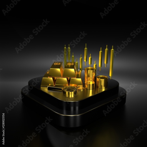 Gold Bullion and Candlestick Chart: A 3D rendering of gleaming gold bars and stacks of coins on a dark platform, overlaid with a dynamic candlestick chart.