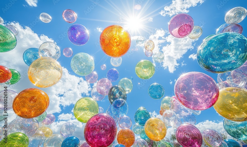 Colorful Transparent Bubbles Floating Against a Bright Blue Sky with Sunlight and Fluffy Clouds, Creating a Joyful and Dreamy Atmosphere