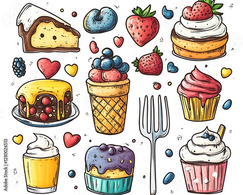 Colorful dessert illustrations on white background photo