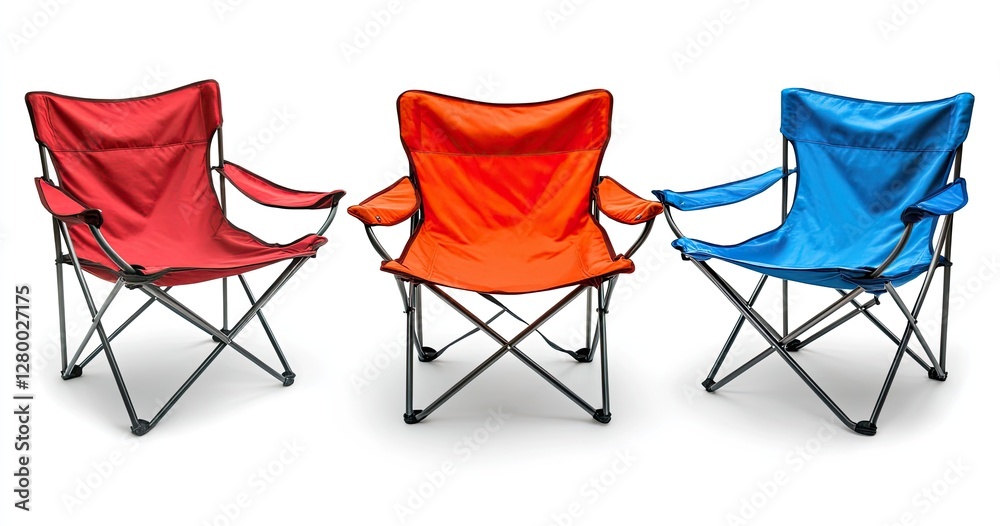 Fototapeta premium Colorful folding camping chairs, studio shot, white background