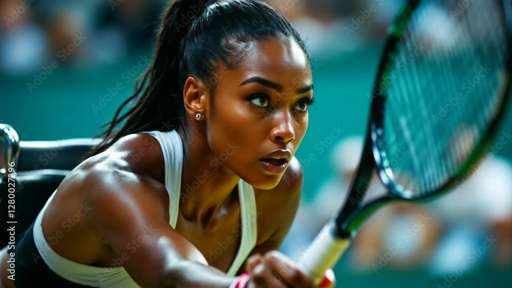 Close-up of professional black female wheelchair tennis player doing backhand stroke, leaning forward and making effort to hit the ball with racket in intense match, determination and strength