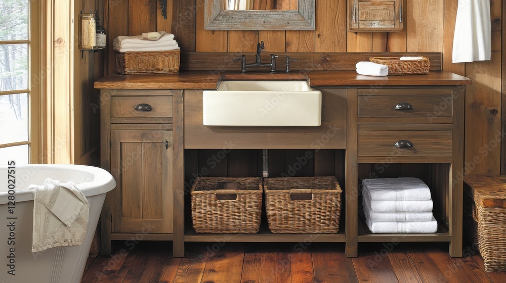 Rustic Bathroom Vanity with White Sink and Wooden Accents Rustic Bathroom Vanity with White Sink and Wooden Accents