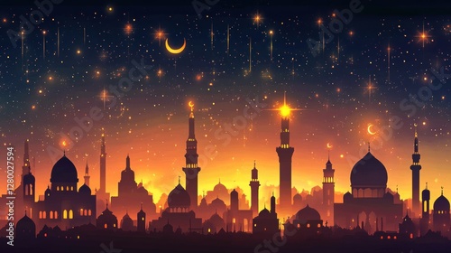 Silhouette of Islamic city at night, with stars and glowing lights.