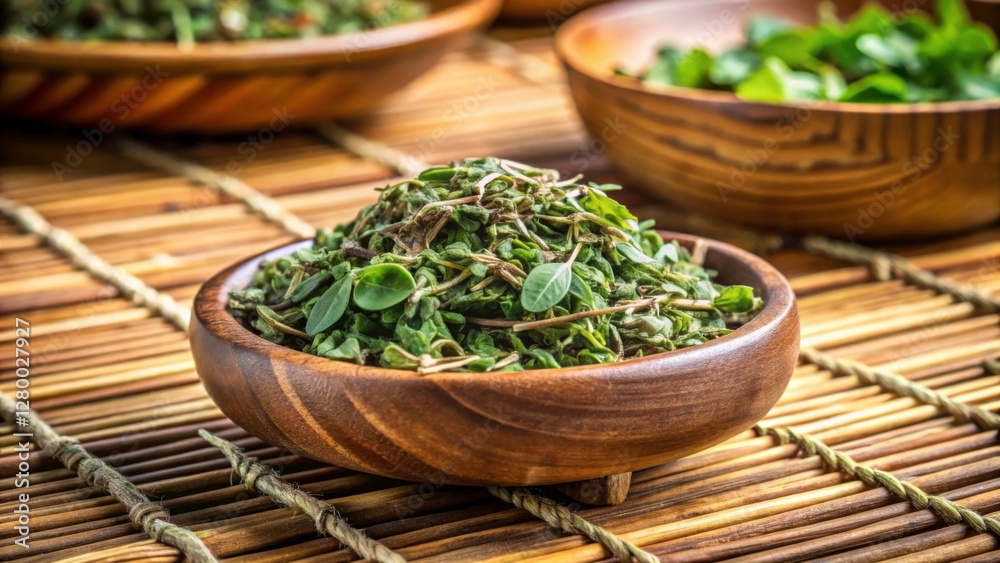 Fresh Green Herbs in Wooden Bowl and Natural Background Elements Fresh Green Herbs in Wooden Bowl and Natural Background Elements