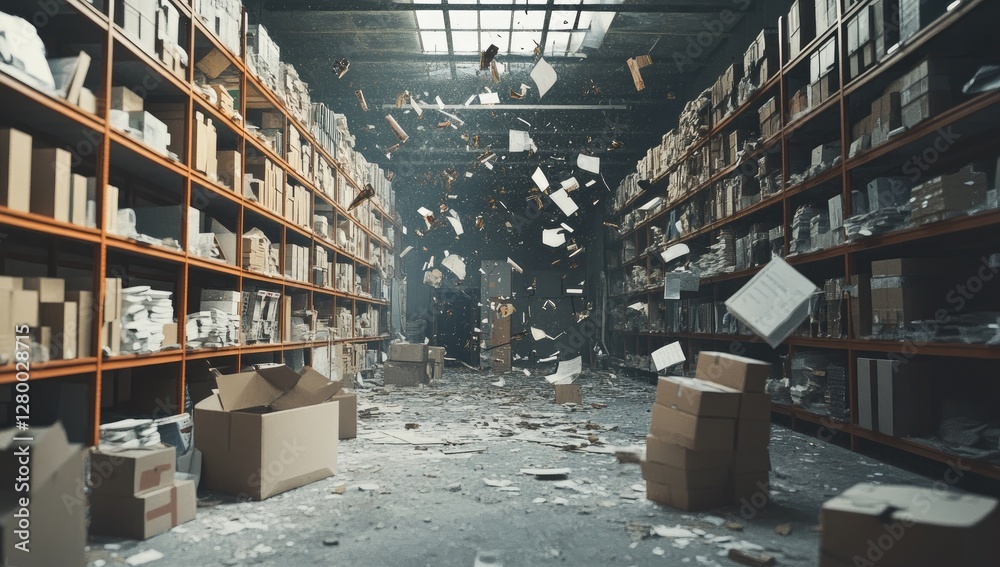 Obraz premium Damaged warehouse interior with debris