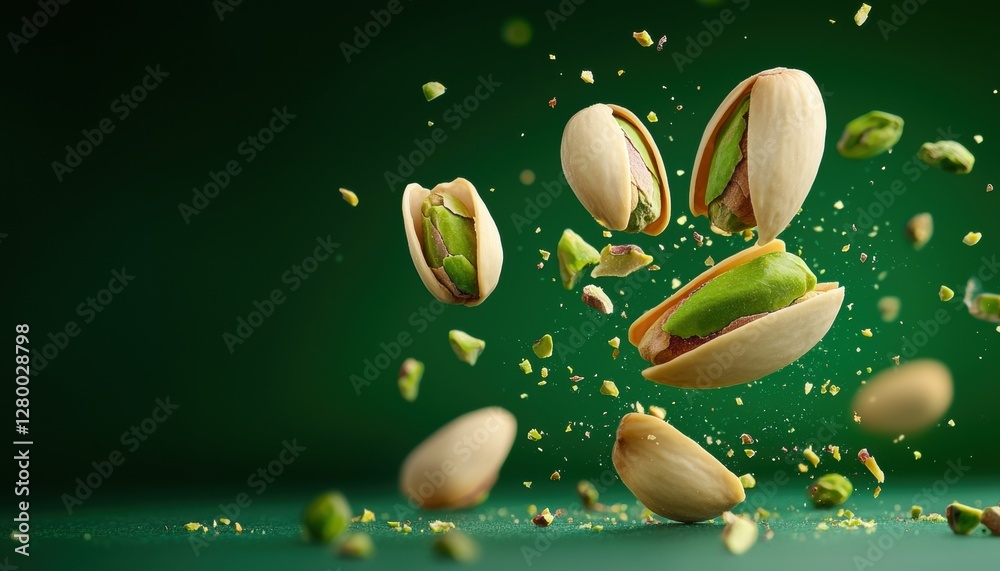 Fototapeta premium An artistic portrayal of pistachios in various states of shelling, against a vibrant green background, creating a dynamic and lively image.