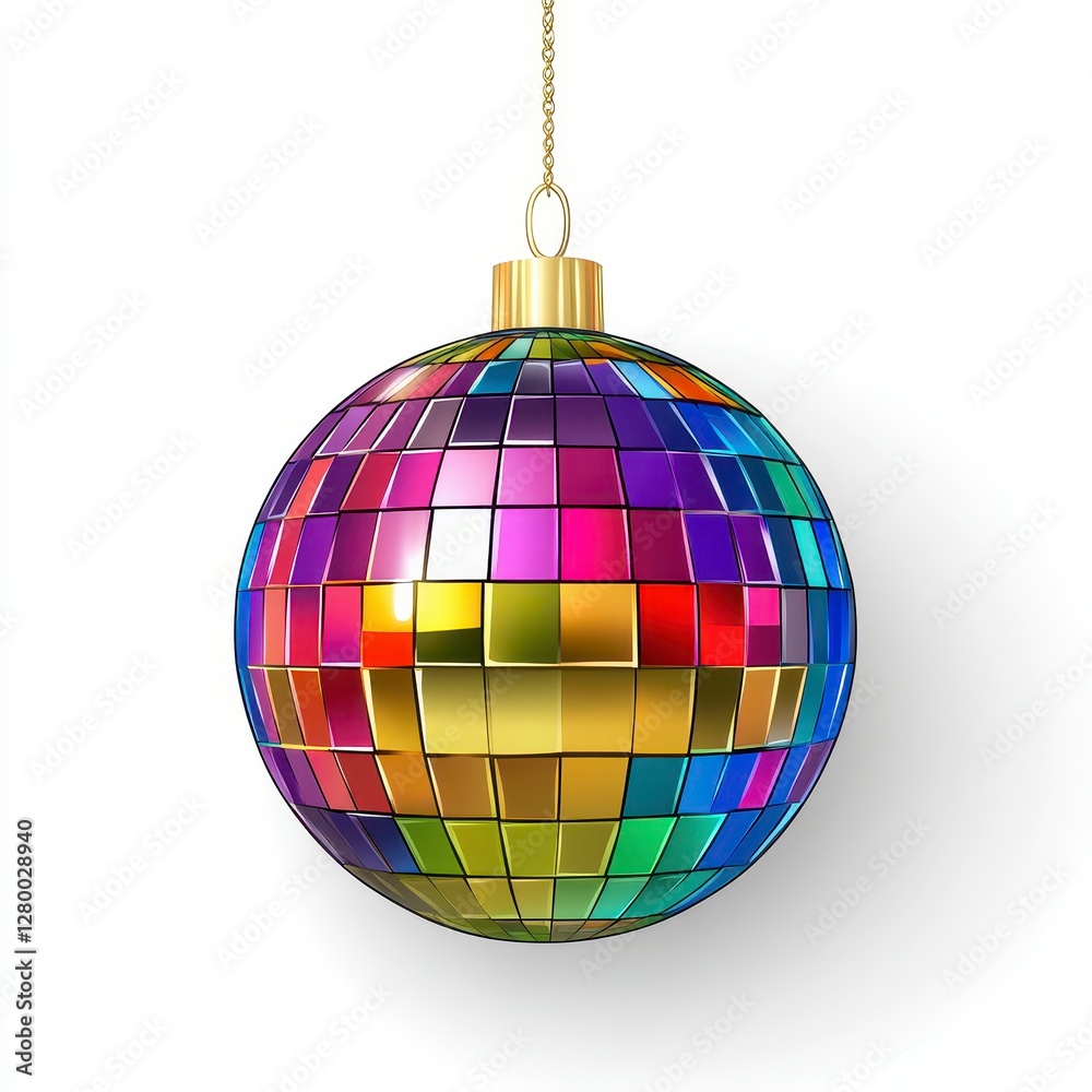 Obraz premium Colorful Disco Ball Christmas Ornament Hanging on Gold Chain Decoration