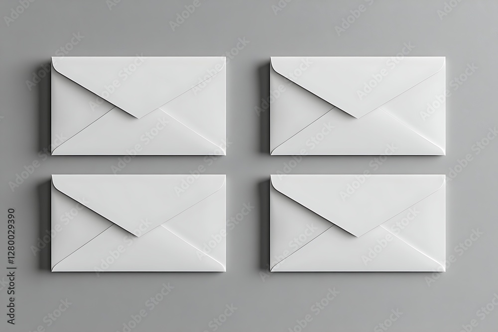 Four blank white envelopes on gray surface Four blank white envelopes on gray surface
