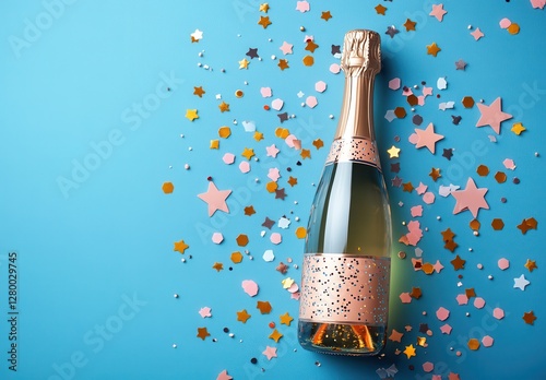 Elegant champagne bottle adorned with confetti stars on a vibrant blue background for celebration, party, or joyful occasion highlighting festivity and sparkle