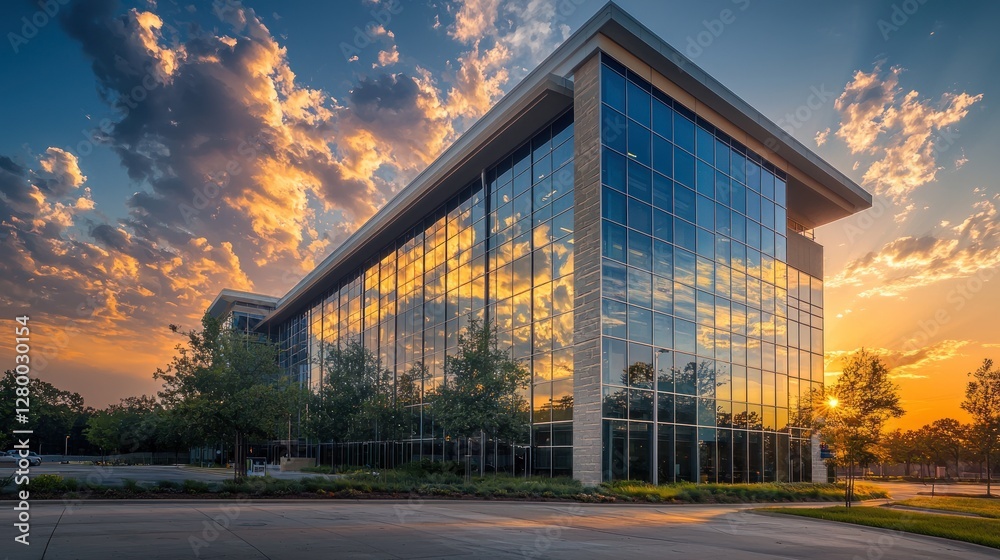 Obraz premium Modern glass office building at sunset.