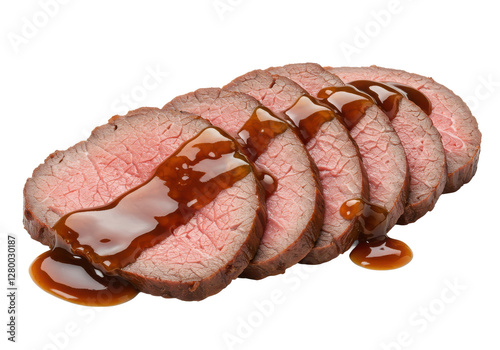 Roast beef slices with gravy isolated on white background, front view, no depth of field, sharp.
