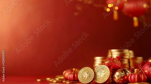 Gold coins, red ornaments, festive background, Lunar New Year wealth