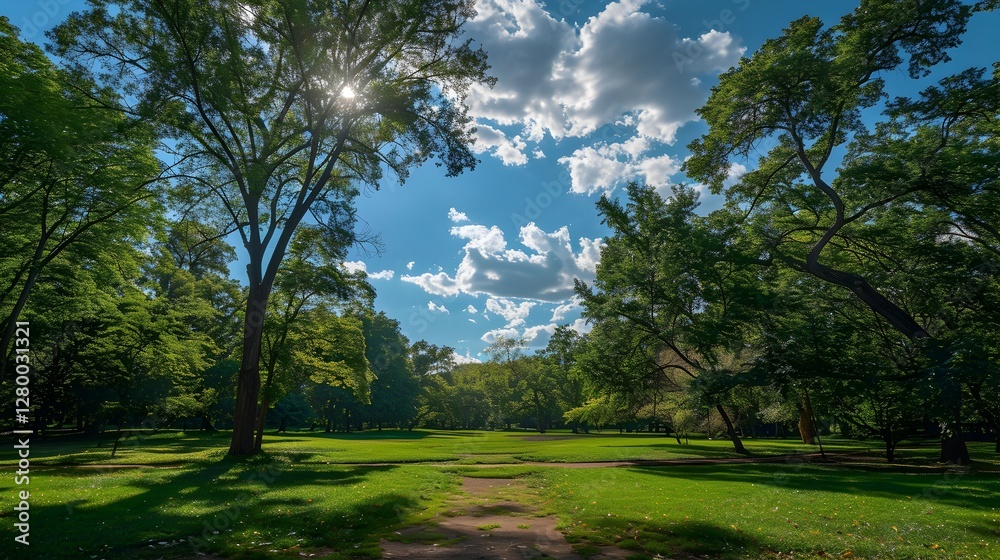 Scenic Pathway through a Lush Green Park Under a Bright Blue Sky Scenic Pathway through a Lush Green Park Under a Bright Blue Sky