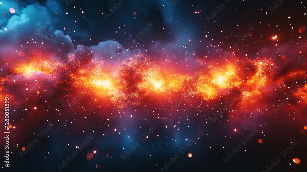 Fototapeta premium Bright cosmic explosion of red and blue hues in a starry space background
