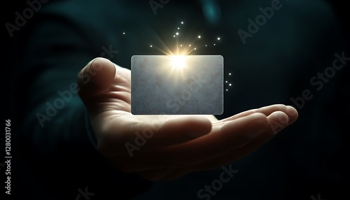 Hand holding glowing virtual card in dark