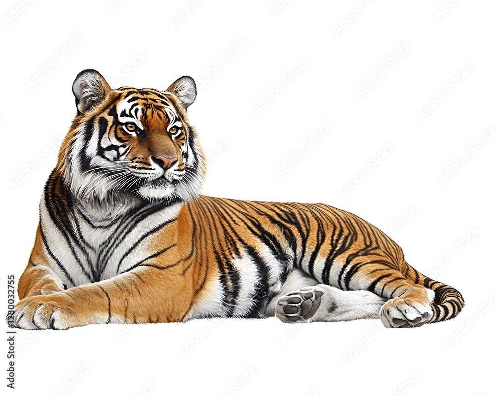 Fototapeta premium Tiger lying down, studio shot, isolated white background