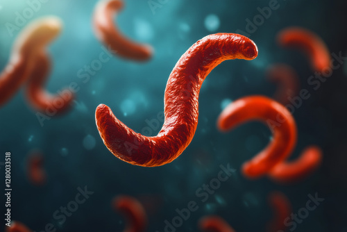 A close-up of sickle-shaped red blood cells under a microscope, highlighting their unique structure with copy space. Soft scientific lighting. Medical laboratory background. photo