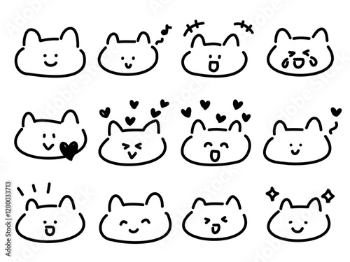 喜び笑うかわいい猫の手描き顔文字セット