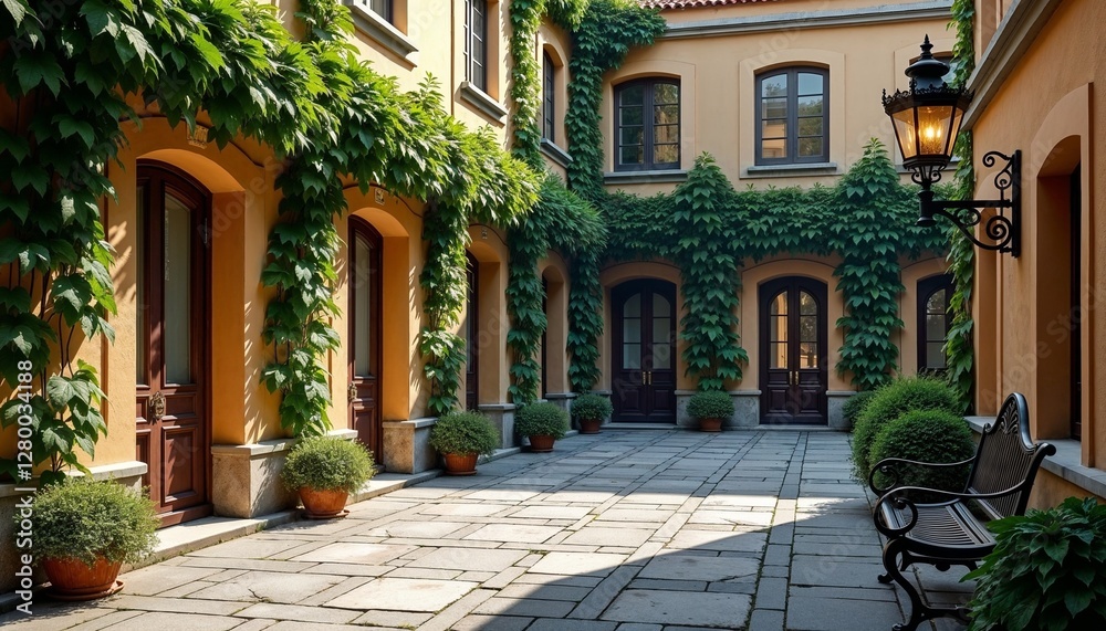 Fototapeta premium European-inspired courtyard with ivy-covered walls and an elegant bench in a charming ambiance 