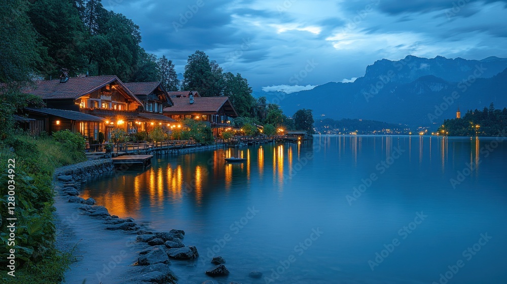 Fototapeta premium Lakeside chalet homes illuminated at dusk