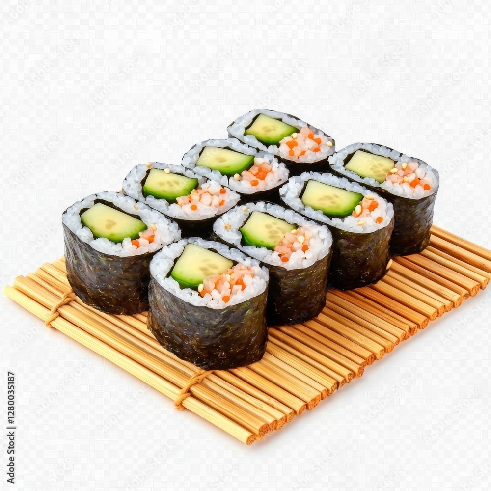 Freshly Prepared Sushi Rolls with Cucumber and Fish Roe on Bamboo Mat Ready for Serving Freshly Prepared Sushi Rolls with Cucumber and Fish Roe on Bamboo Mat Ready for Serving