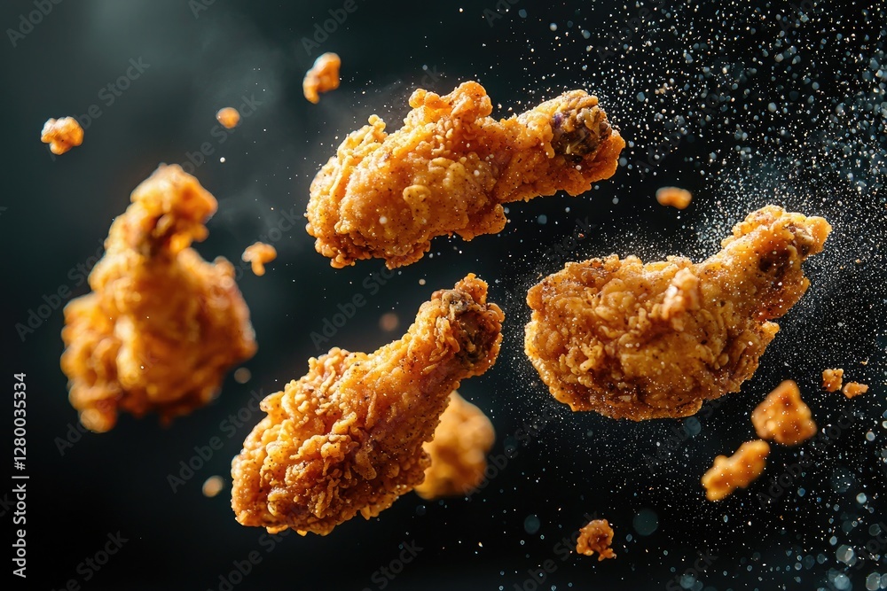 Fried chicken flying in the air on a dark background with splashes Fried chicken flying in the air on a dark background with splashes