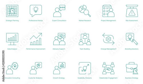 Strategic Planning, Expert Consultation, Market Research, and Growth Strategy Icons