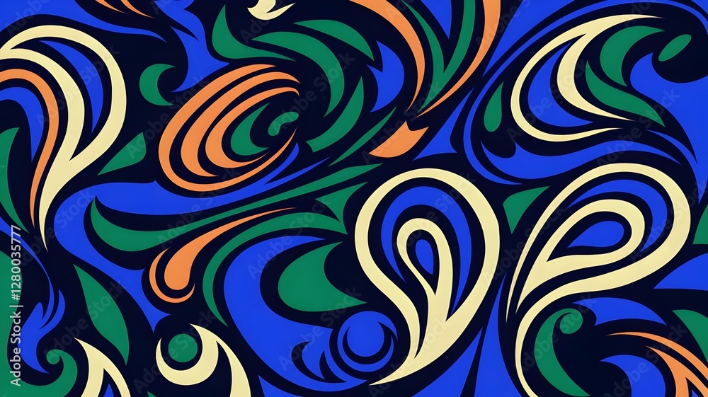 Fototapeta premium Abstract Swirls Blue, Green, Orange, Cream Pattern Design