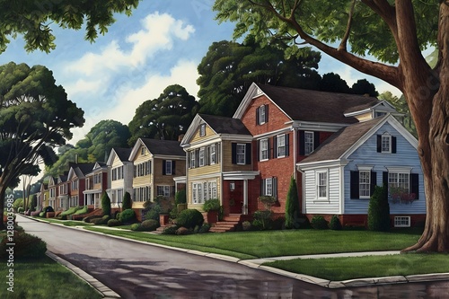 Suburban Street Scene Charming Houses, Lush Greenery, Sunny Day