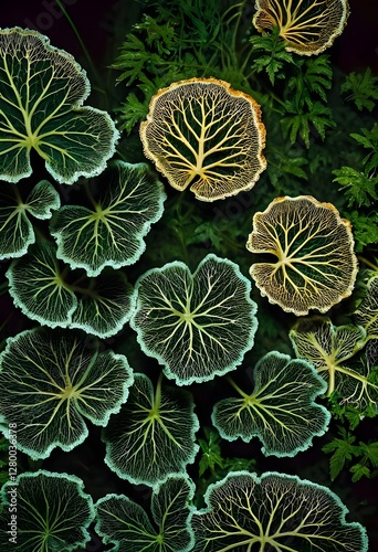 Intricate Leaf Veins Botanical Photography of Green and Gold Foliage