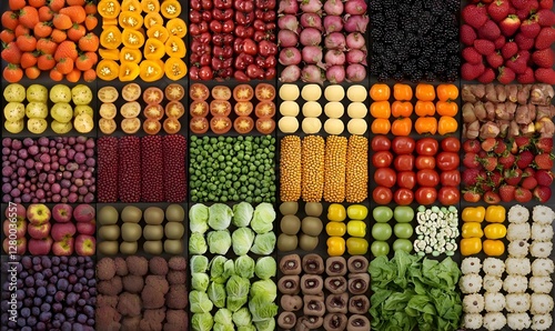 Vibrant Aerial Display of Fresh Fruits and Vegetables, a stunning array of colors showcasing nature's bounty in a lively market setting photo