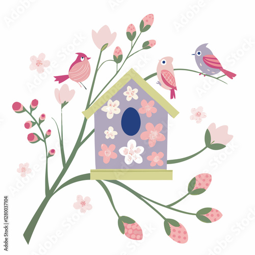 Hand drawn flat spring composition backround with blooming flowers vector  illustration